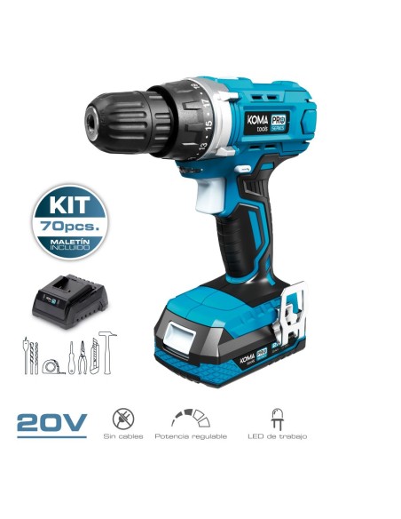 Kit taladro atornillador con 70 accesorios 20v con batería y cargador Koma Tools