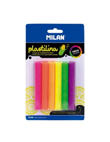 Blíster con 6 barritas de plastilina de colores de fluorescentes 70g  Milan