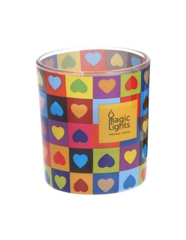 E3/84053 VELA EN VASO POP ART Ø75cm al.84cm CORAZONES MAGIC LIGHTS