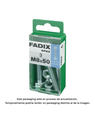 CAJA S 3 uds. TORNILLO METRICA CAB HEX +TUERCA CINC M 8x50mm FADIX