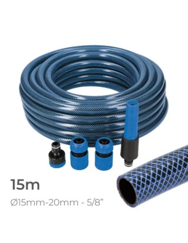 KIT MANGUERA DE JARDIN BLUE INTERIOR Ø15mm. EXTERIOR Ø20mm (5/8") ROLLO 15m CON ACCESORIOS EDM